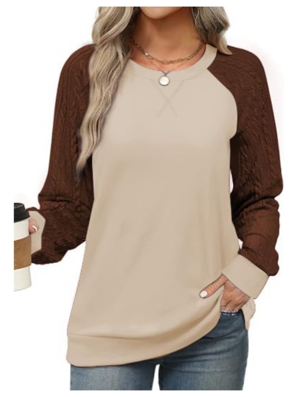 Womens Cable Knit Crewneck Sweatshirt Long Sleeve Loose Lightweight Pullover